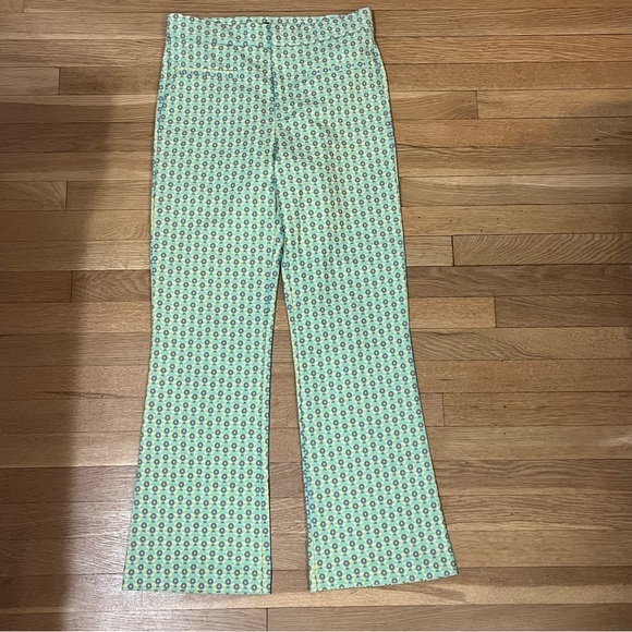 Zara Yellow Green Printed Flare Pants Bottoms S - Picture 3 of 11